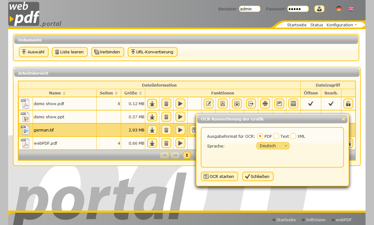 The webPDF portal and optical character recognition (OCR)