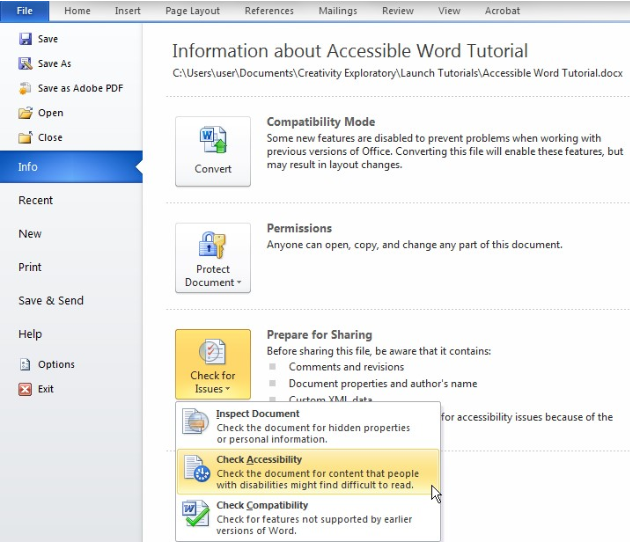 Accessibility check in Word