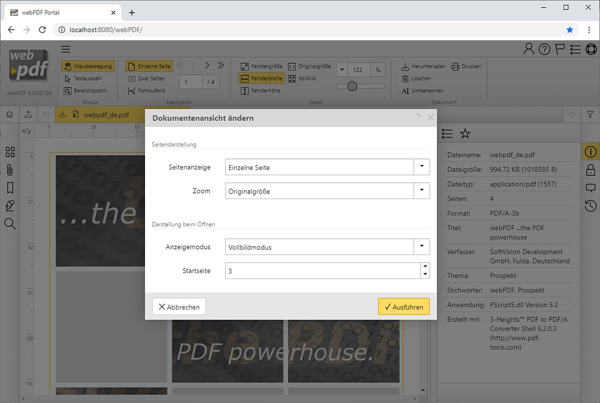 Einstellungsoptionen für den PDF Open-Modus
