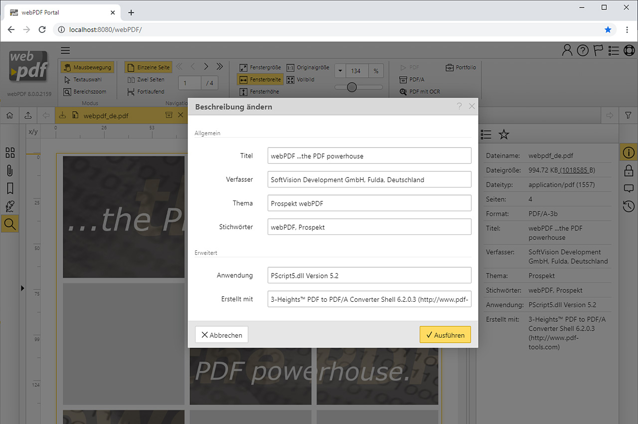Editierfunktion der PDF-Metadaten im Webportal